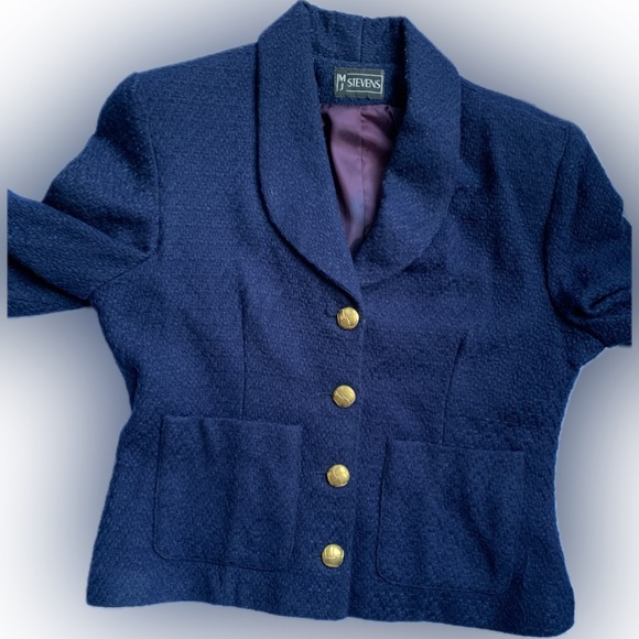 MJ STEVENS Navy acrylic Blazer with gold buttons, lined, size 12 - Picture 4 of 11